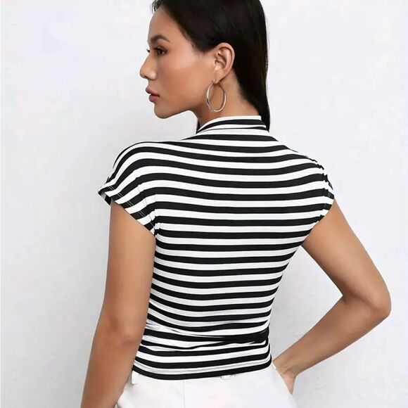 NWOT. Striped Print Mock Neck T-Shirt, Casual Cap Sleeve Top. - Picture 2 of 5